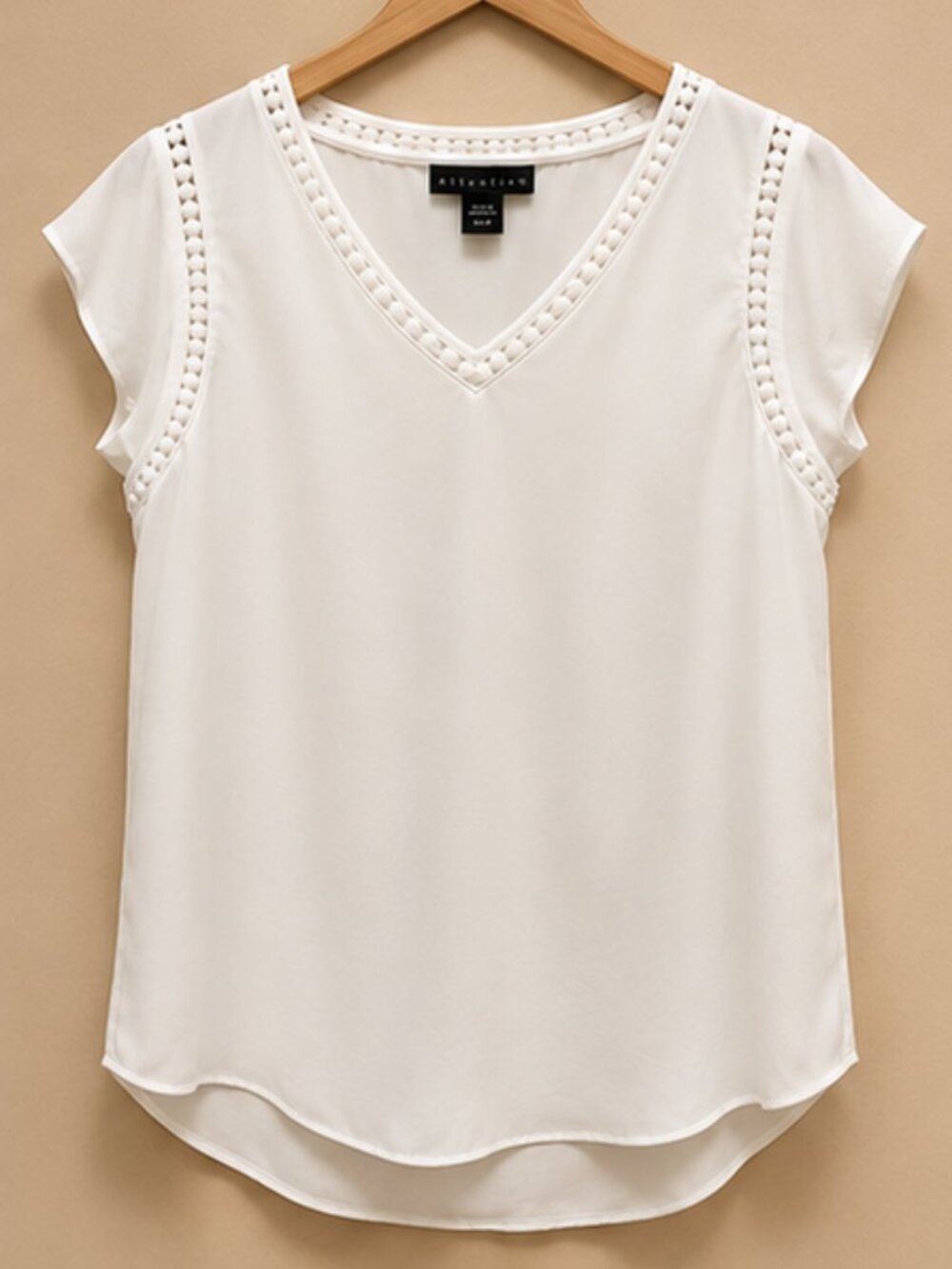 Attention White V-Neck Blouse Medium Pom Trim Cap Sleeve Career Top
